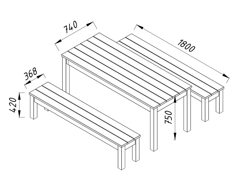 Bord och bänk set i trä, 0,74x1,8x0,75m, Naturlig