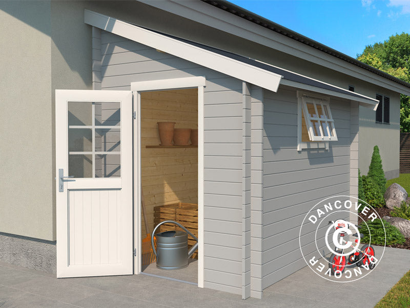 Redskapsbod mot vägg i trä Vanda 1,8x2,75x2,68m, 28mm, 4,7m², Ljusgrå