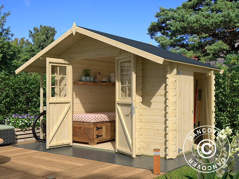 Redskapsbod Moss m/överhäng, 3,2x2x2,28m, 19mm, 4,87m², Natur