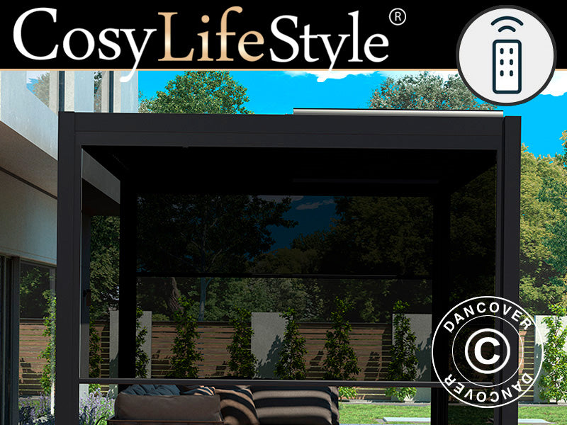 Elektrisk sidoväggsskärm till bioklimatisk pergola paviljong San Pablo, 3m, Svart