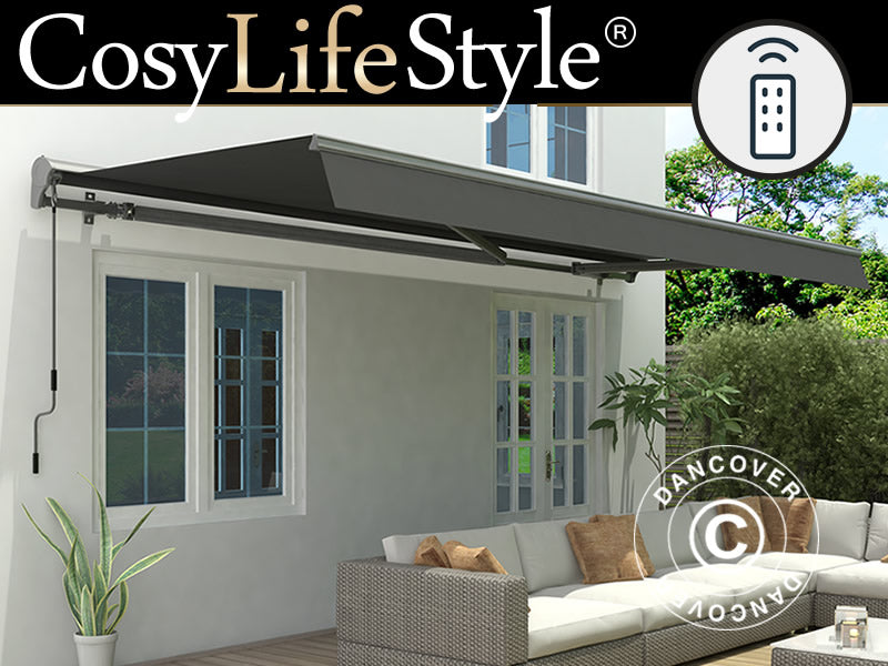 Markis med fjärrkontroll, 3,95x2,5m, Grå/Grå Ställning