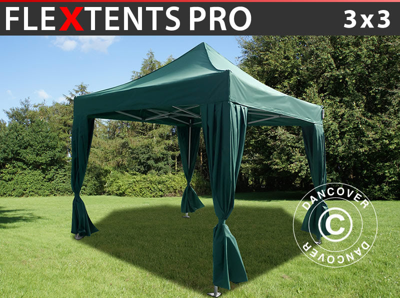 Snabbtält FleXtents PRO 3x3m Grön, inkl. 4 dekorativa gardiner