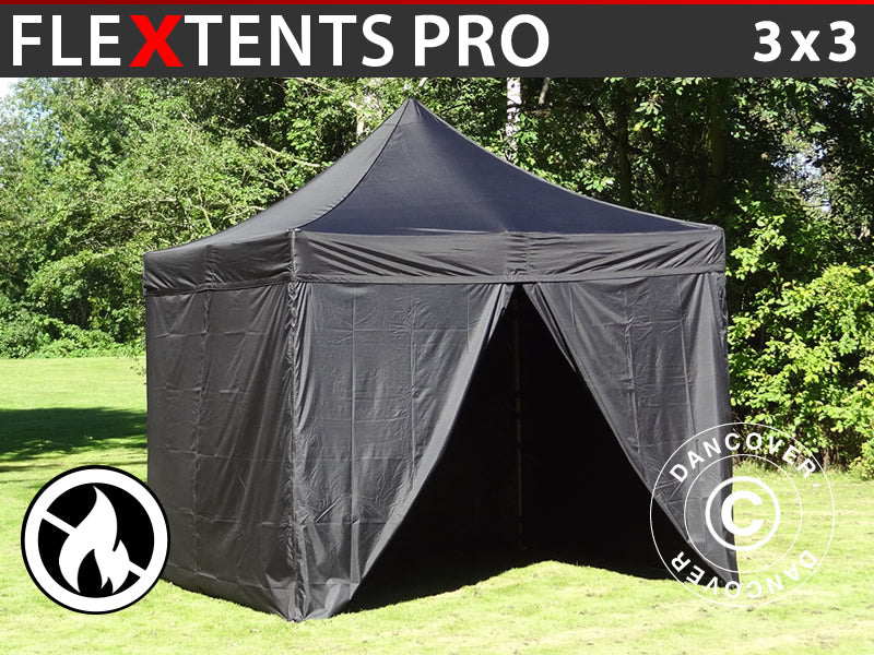 Snabbtält FleXtents PRO 3x3m Svart, Flamhämmande, inkl. 4 sidor