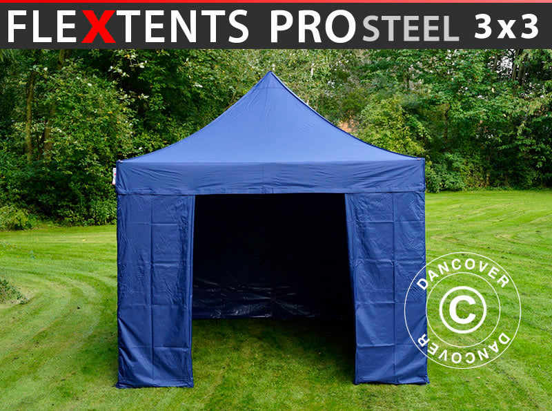 Snabbtält FleXtents PRO Steel 3x3m Mörkblå, inkl. 4 sidor