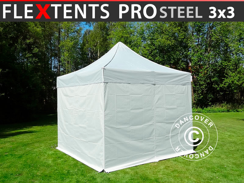 Snabbtält FleXtents PRO Steel 3x3m Silver, inkl. 4 sidor