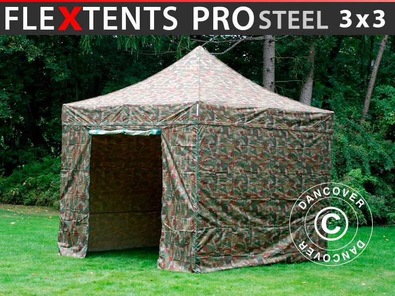Snabbtält FleXtents PRO Steel 3x3m Kamouflage, inkl. 4 sidor