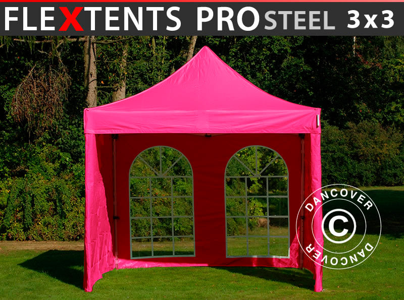 Snabbtält FleXtents PRO Steel 3x3m Rosa, inkl. 4 sidor