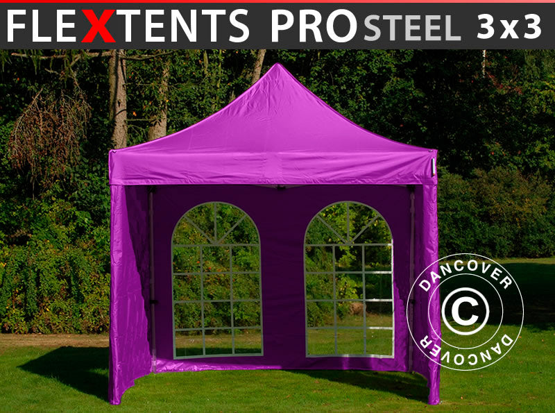 Snabbtält FleXtents PRO Steel 3x3m Lila, inkl. 4 sidor