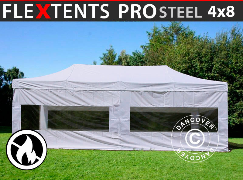 Snabbtält FleXtents PRO Steel 4x8m Vit, Flamhämmande, inkl. 6 sidor