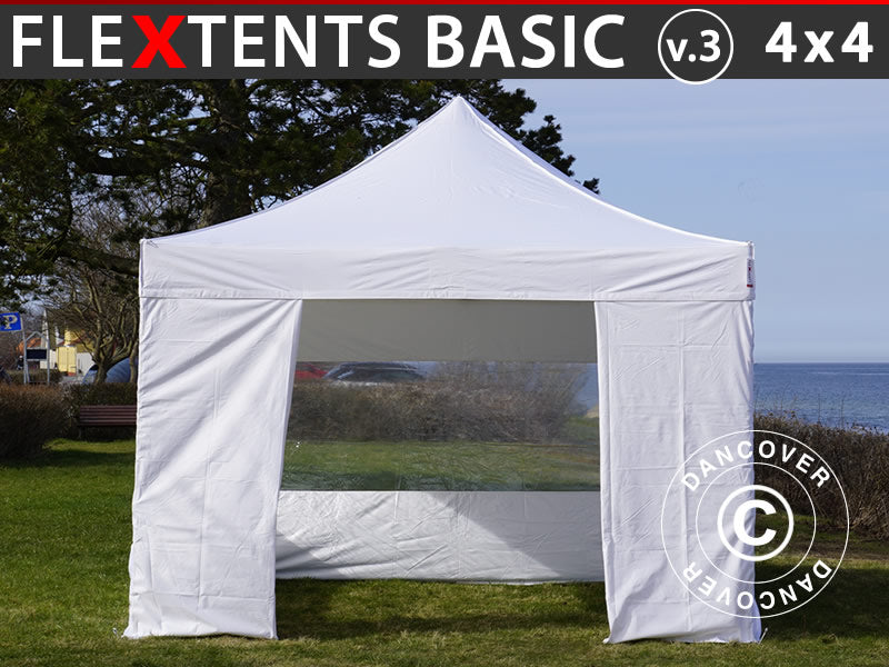 Snabbtält FleXtents Basic v.3, 4x4m Vit, inkl. 4 sidor
