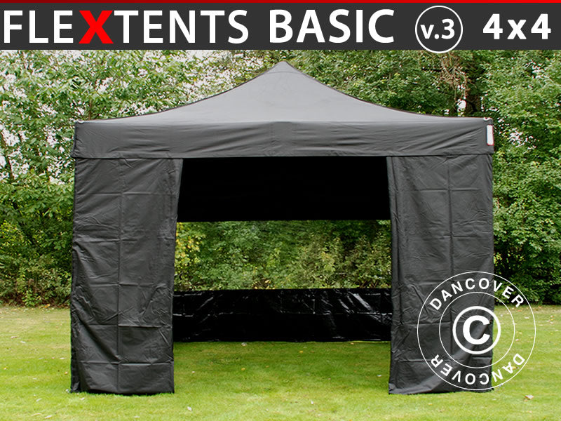 Snabbtält FleXtents Basic v.3, 4x4m Svart, inkl. 4 sidor