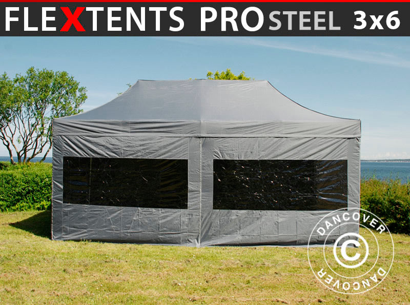 Snabbtält FleXtents PRO Steel 3x6m Grå, inkl. 6 sidor