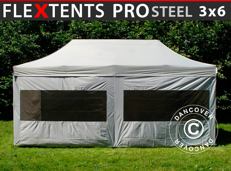Snabbtält FleXtents PRO Steel 3x6m Silver, inkl. 6 sidor
