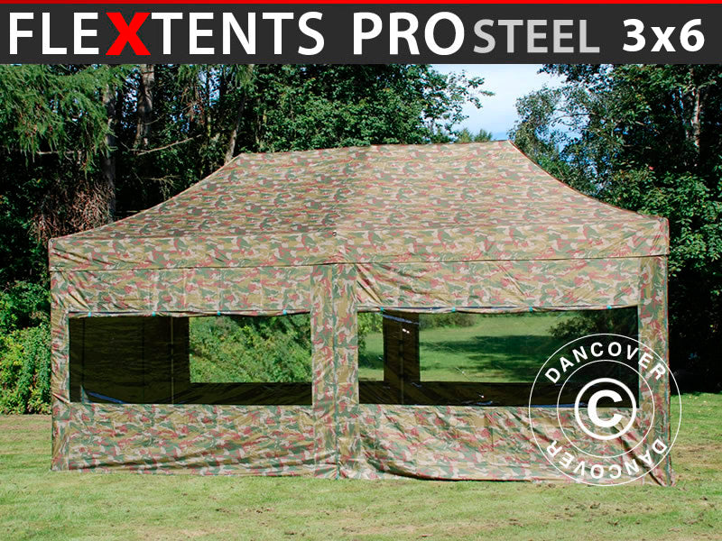 Snabbtält FleXtents PRO Steel 3x6m Kamouflage, inkl. 6 sidor