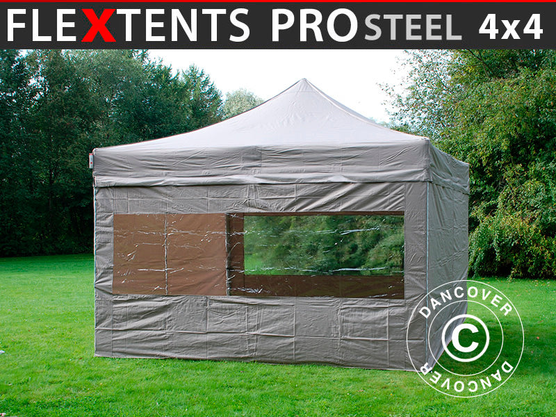 Snabbtält FleXtents PRO Steel 4x4m Latte, inkl. 4 sidor