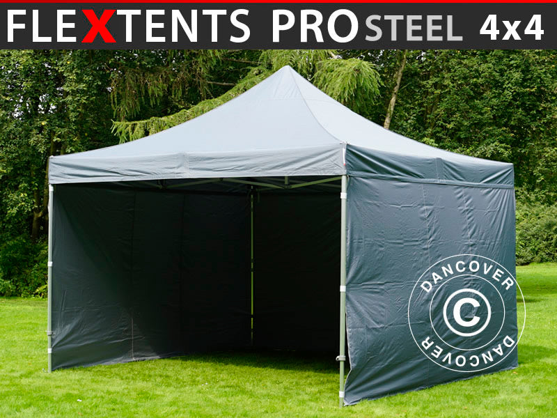 Snabbtält FleXtents PRO Steel 4x4m Grå, inkl. 4 sidor