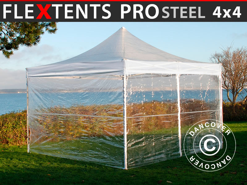 Snabbtält FleXtents PRO Steel 4x4m Transparent, inkl. 4 sidor