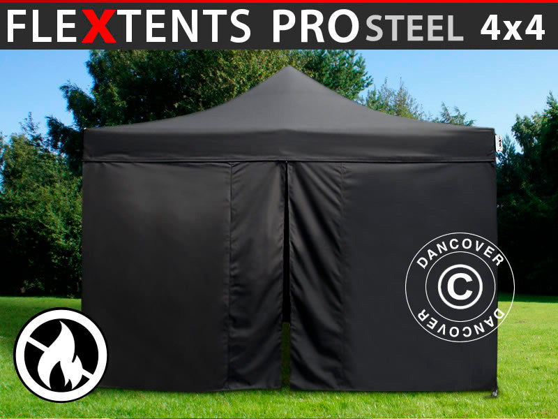 Snabbtält FleXtents PRO Steel 4x4m Svart, Flamhämmande, inkl. 4 sidor