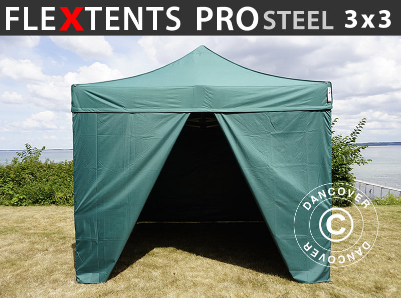Snabbtält FleXtents PRO Steel 3x3m Grön, inkl. 4 sidor