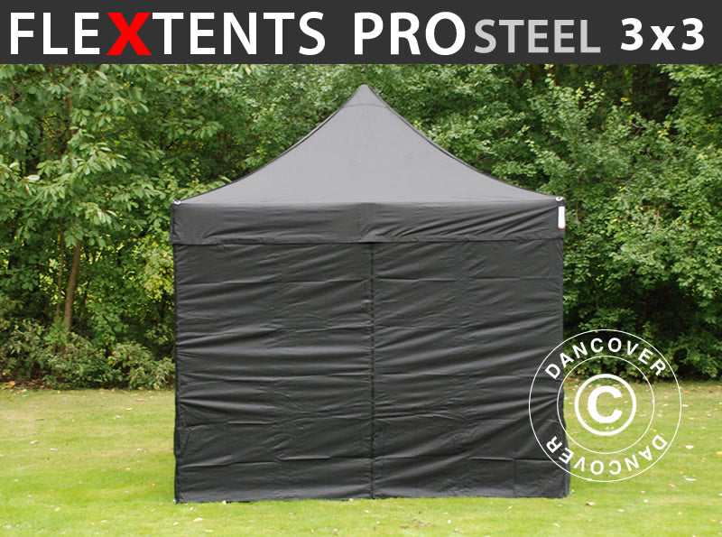 Snabbtält FleXtents PRO Steel 3x3m Svart, inkl. 4 sidor