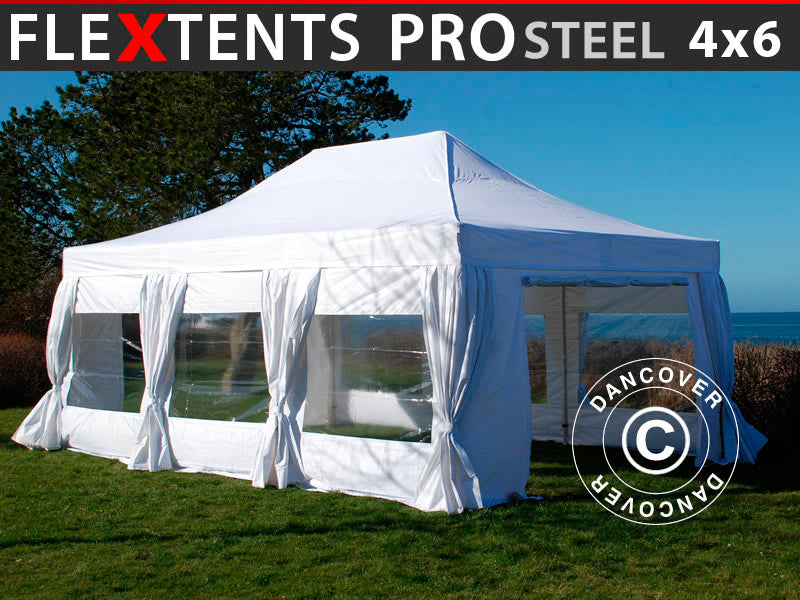 Snabbtält FleXtents PRO Steel 4x6m Vit, inkl. 8 sider & dekorativa gardiner