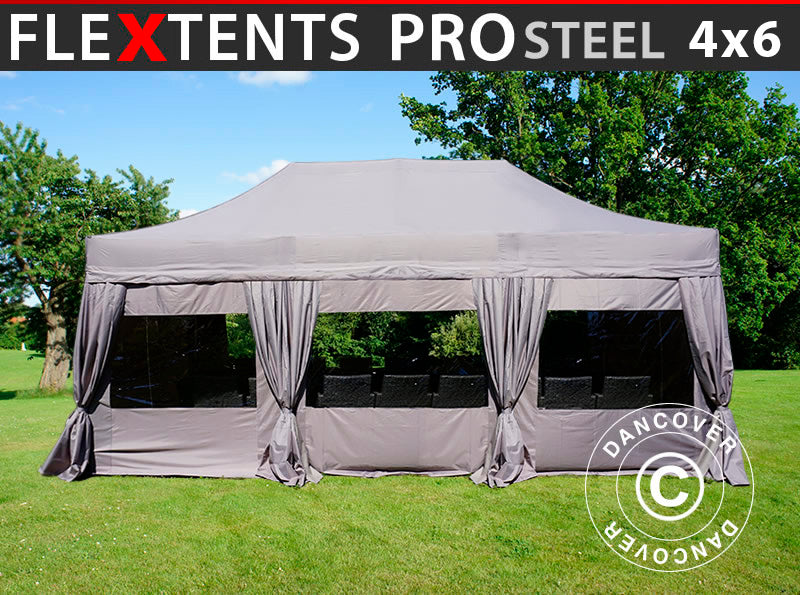 Snabbtält FleXtents PRO Steel 4x6m Latte, inkl. 8 sider & dekorativa gardiner