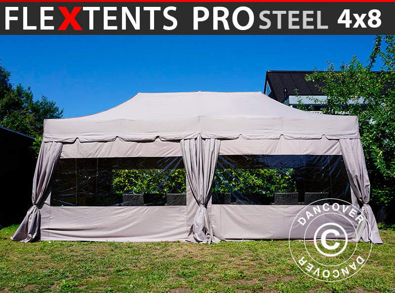 Snabbtält FleXtents PRO Steel "Peaked" 4x8m Latte, inkl. 6 sidoväggar och 6 dekorativa gardiner