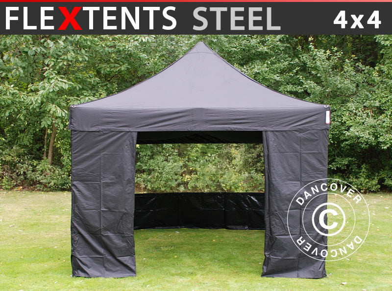 Snabbtält FleXtents Steel 4x4m Svart, inkl. 4 sidor