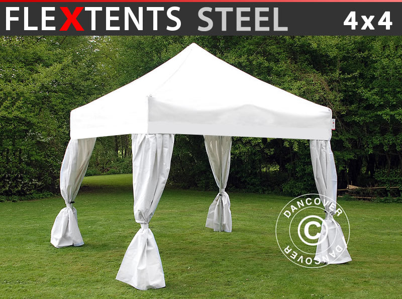 Snabbtält FleXtents Steel 4x4m Vit, inkl. 4 dekorativa gardiner
