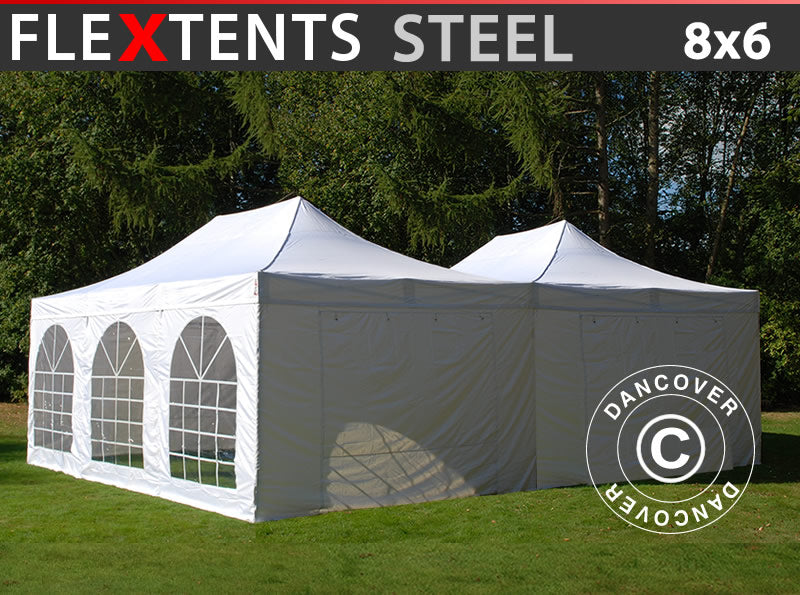 Snabbtält FleXtents Steel 8x6m Vit, inkl. 8 sidoväggar