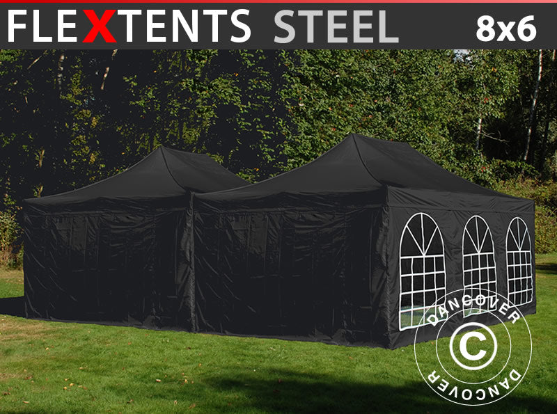 Snabbtält FleXtents Steel 8x6m Svart, inkl. 8 sidoväggar