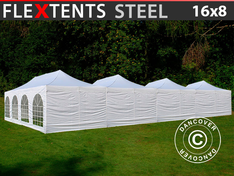 Snabbtält FleXtents® Steel 16x8m Vit, inkl. 10 sidoväggar