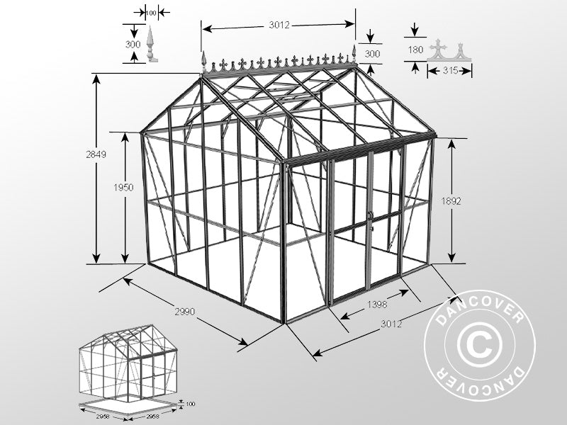 Orangeri, växthus i glas 8,9m², 3,01x2,99x2,95m med bas och takdekoration, Svart