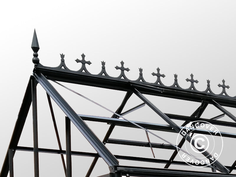 Orangeri, växthus i glas 13,3m², 4,45x2,99x2,95m med bas och takdekoration, Svart