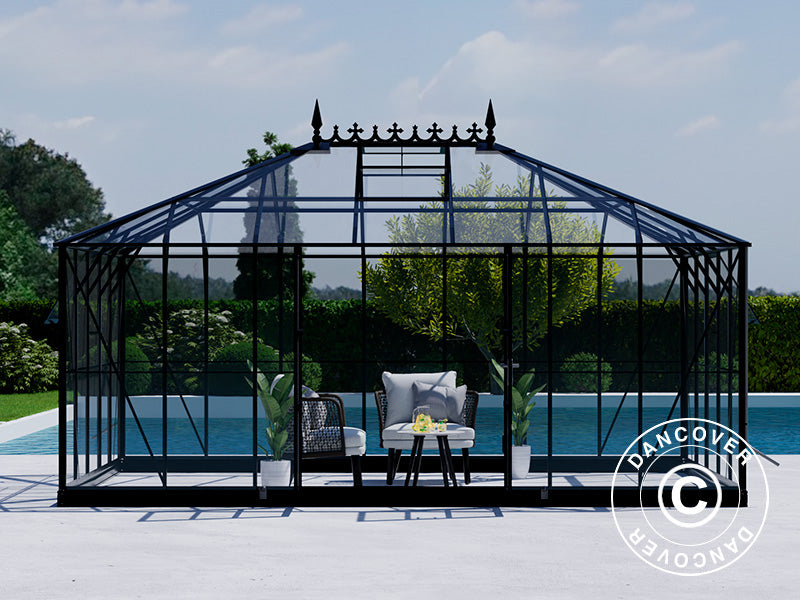 Orangeri, växthus i glas 19m², 5,14x3,71x3,15m m/Bas och takdekoration, Svart