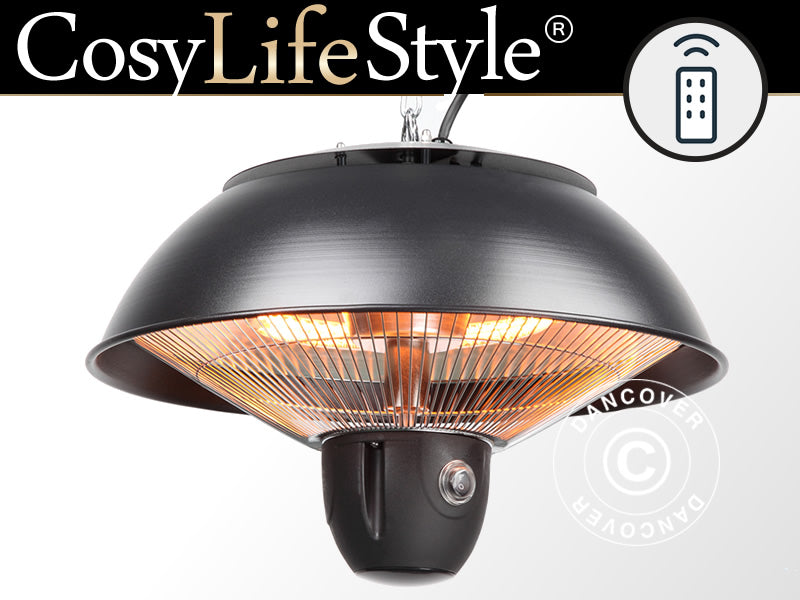 Hängande halogen terrassvärmare MINNA med fjärrkontroll, 1500W, Svart