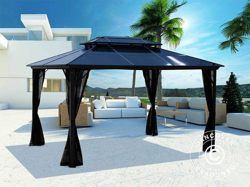 Paviljong Santa Ana med gardiner och myggnät, 3x4m, Svart