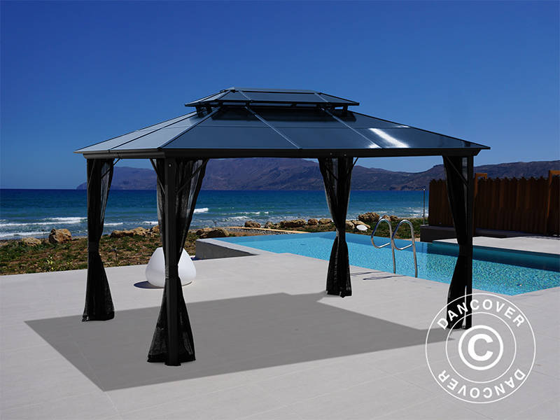 Paviljong Santa Ana med gardiner och myggnät, 3x4m, Svart