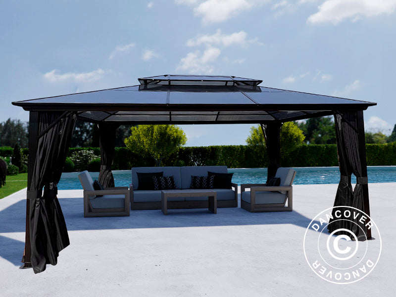 Paviljong Santa Ana med gardiner och myggnät, 3,65x4,85m, Svart