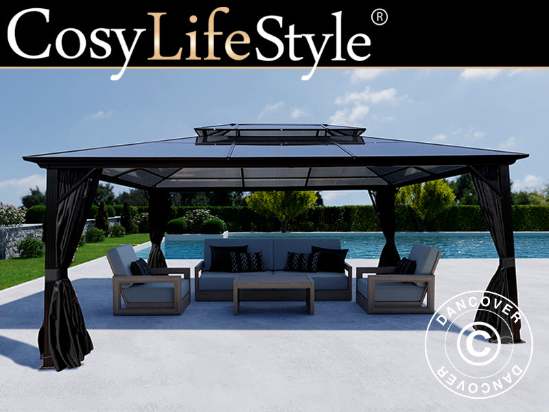 Paviljong Santa Ana med gardiner och myggnät, 3,65x4,85m, Svart