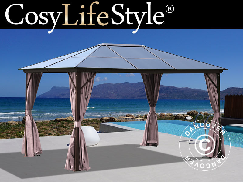 Paviljong Santa Barbara med gardiner och myggnät, 3x4m, Brun