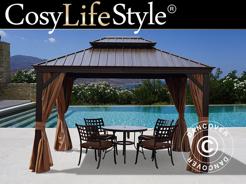 Paviljong Santa Fe med gardiner och myggnät, 3x3,65m, Brun