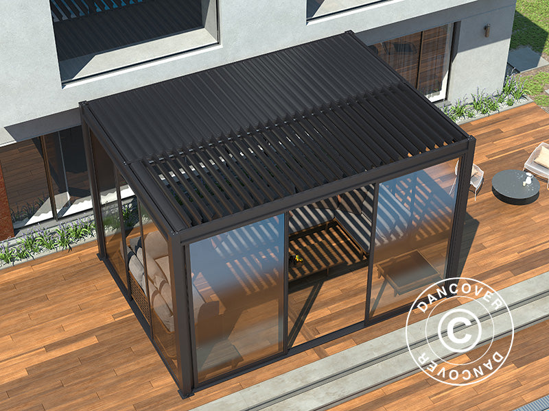 Bioklimatisk pergola paviljong San Pablo Alu+ m/skjutdörrar, 3x4m, Svart