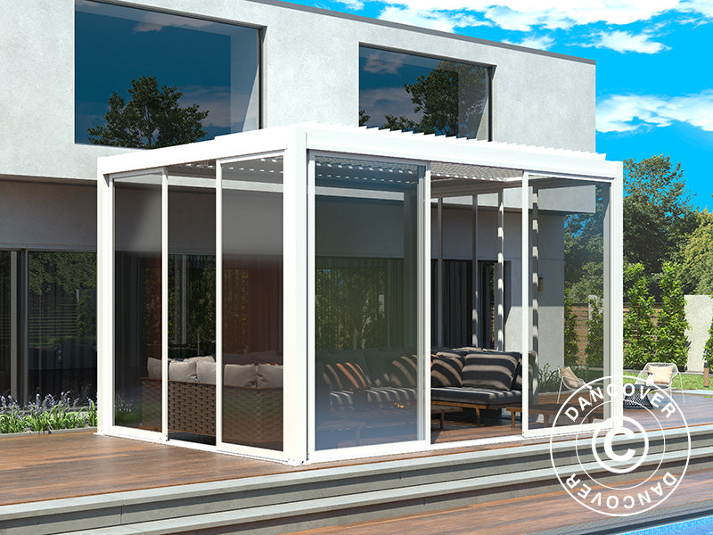 Bioklimatisk pergola paviljong San Pablo Alu+ m/skjutdörrar, 3x4m, Vit