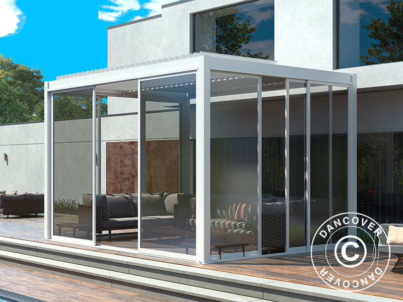 Bioklimatisk pergola paviljong San Pablo Alu+ m/skjutdörrar, 3x4m, Vit