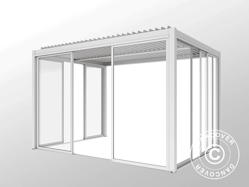 Bioklimatisk pergola paviljong San Pablo Alu+ m/skjutdörrar, 4x4m, Vit