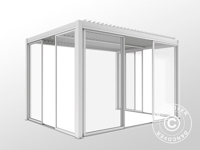 Bioklimatisk pergola paviljong San Pablo Alu+ m/skjutdörrar, 4x4m, Vit