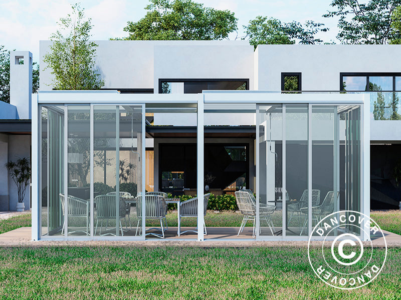 Bioklimatisk pergola paviljong San Pablo Alu+ m/skjutdörrar, 4x5,8m, Vit