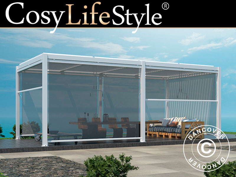 Bioklimatisk pergola-paviljong San Pablo Alu+, 3x5,8m med 6 sidoväggar, Vit