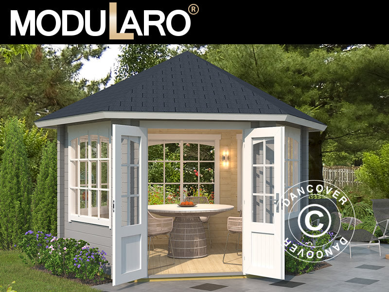 Paviljong i trä Alicante, hexagonal 3,5x3,03x3,07m, 44mm, Ljusgrå